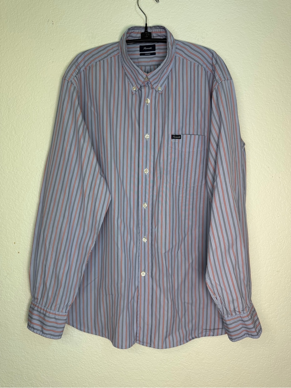 Faconnable Men's Blue and Red Striped Button-Down Shirt, Size XL
